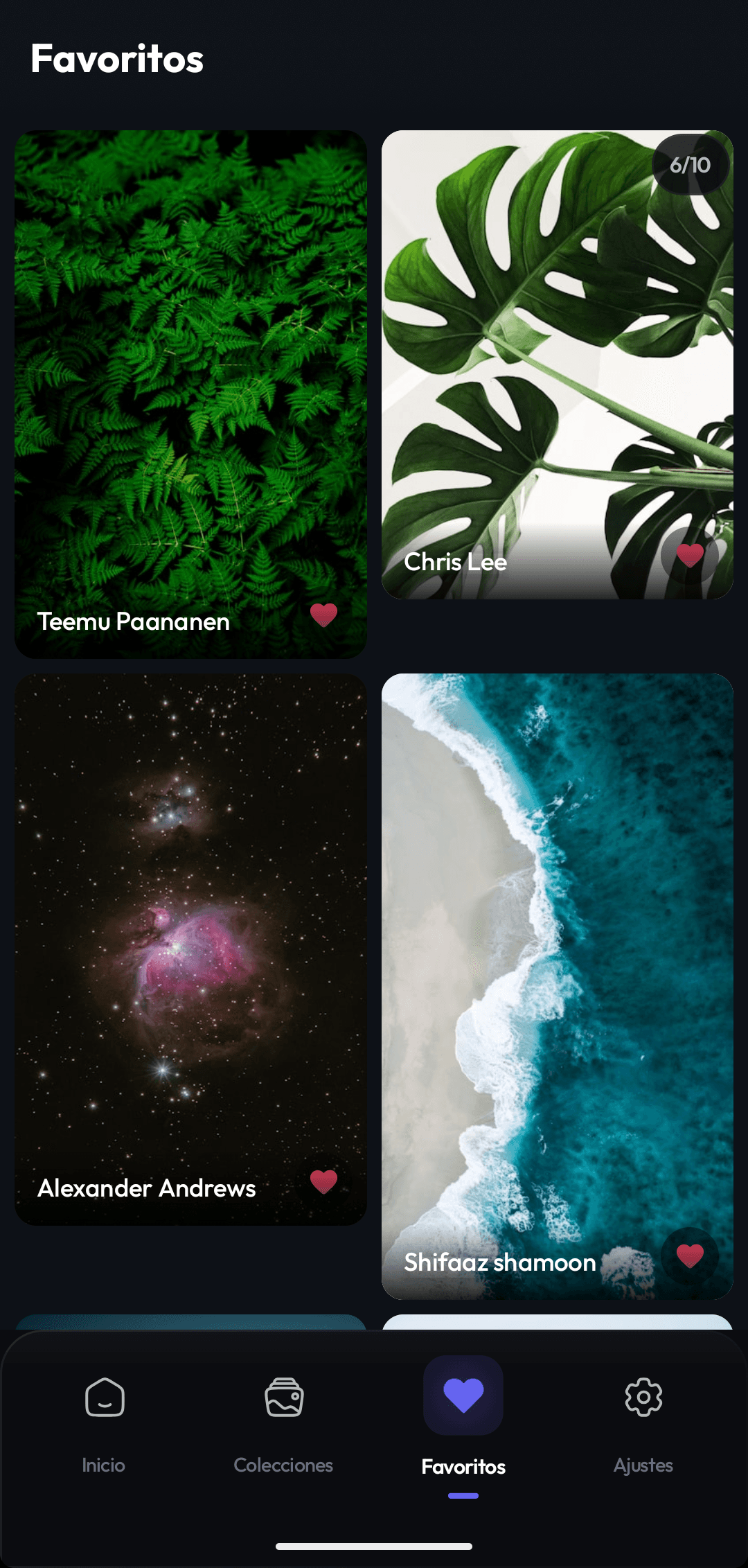 Pantalla de favoritos en fondito